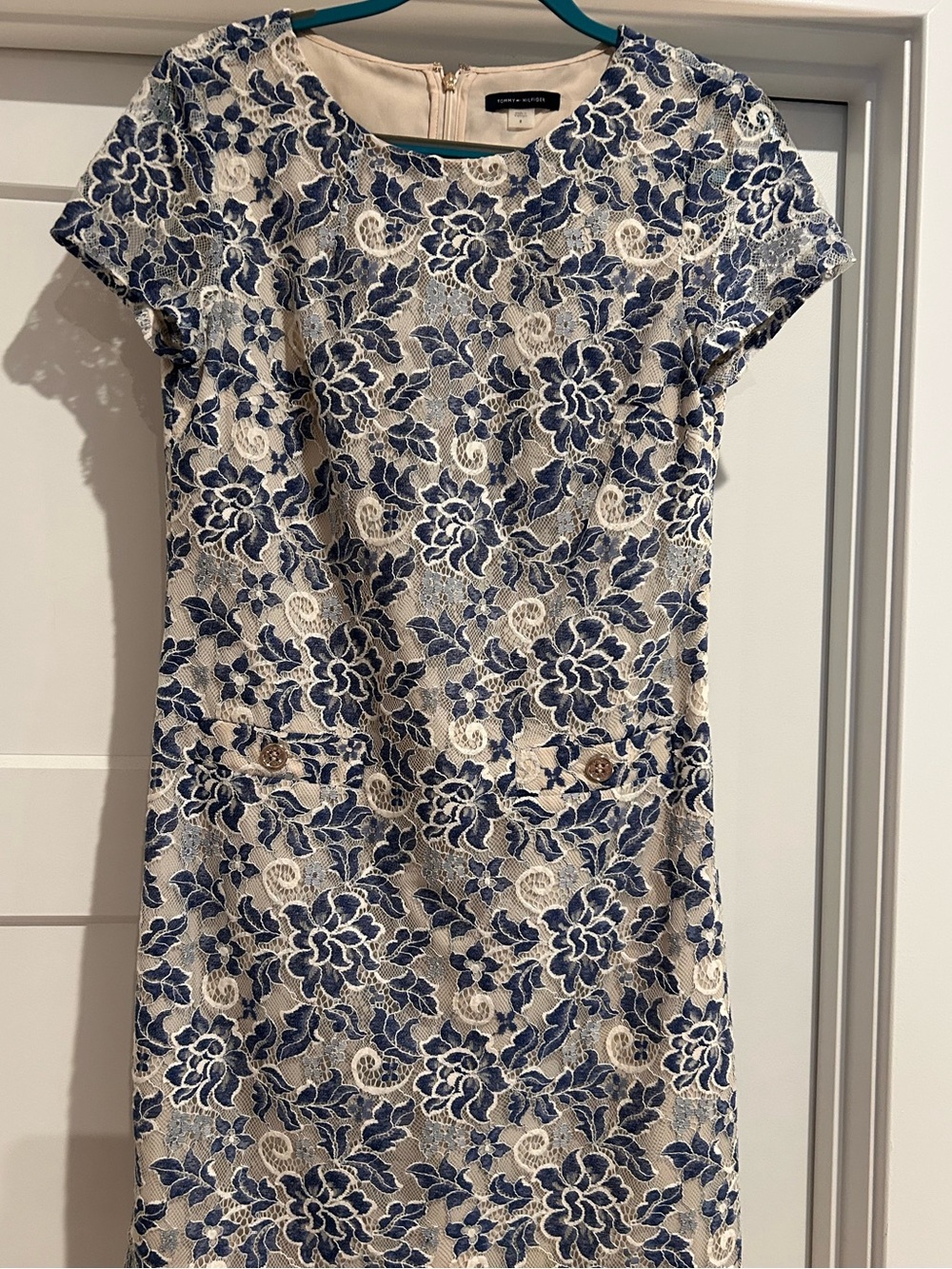 Tommy Hilfiger Navy and Cream Floral Lace Short-Sleeve Mini Dress
